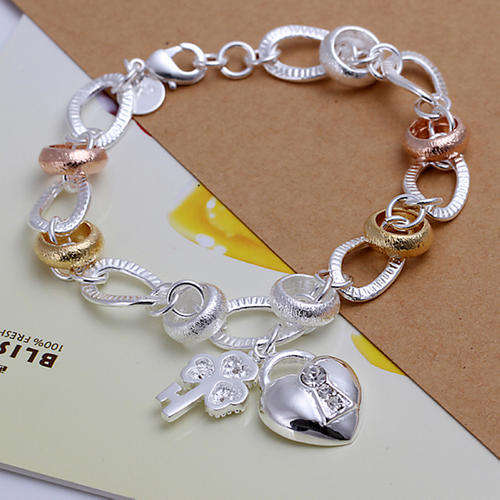New 925 sterling silver filled stamped Ladies bracelet with 3 tone colors and heart + key charm