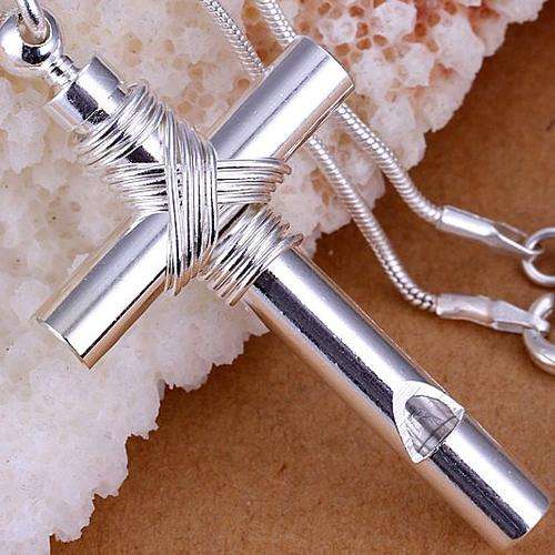 New 925 sterling silver filled Wrapped cross pendant with free chain, Doubles as a whistle