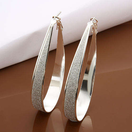 New 925 Sterling silver filled, Very large hoop earrings, Oval design with Frost detail +-70mm long