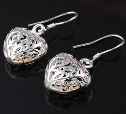 New 925 sterling silver filled stamped Filigree style heart dangle earrings