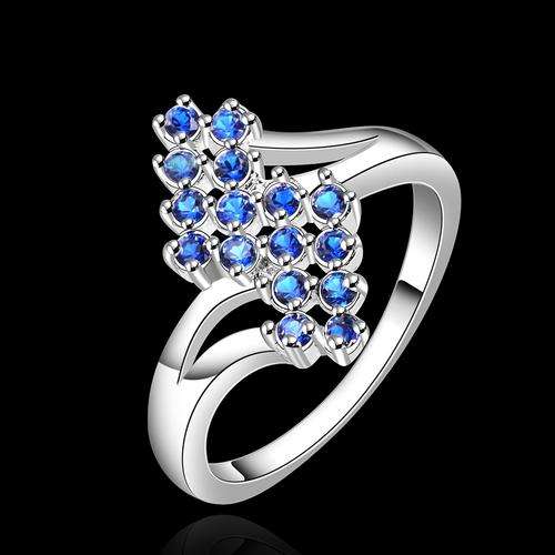 New 925 sterling silver filled Ladies Wave design ring with multi row blue Austrian crystals