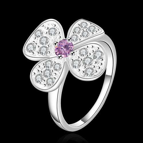 New 925 sterling silver filled Ladies Flower design ring with purple Austrian crystal center