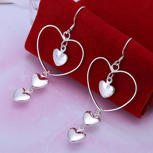 New 925 sterling silver filled stamped Cute triple heart dangle earrings