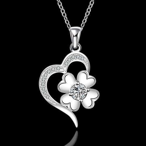 New 925 sterling silver filled stamped heart pendant with flower and crystal detail + FREE chain