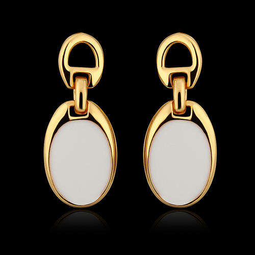 New 18K RGP in yellow gold, Ladies oval design dangle earrings with white detail