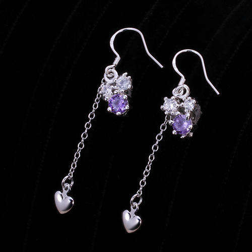 New 925 sterling silver filled stamped dangle earrings with purple crystal and heart detail