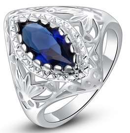 New 18K RGP in white gold, Chunky ladies blue AAA austrian crystal ring with filigree detail