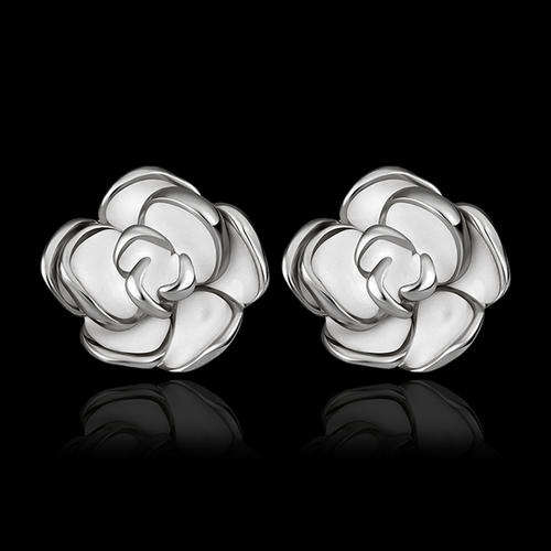 New 18K RGP in white gold, Ladies rose design stud earrings with white detail