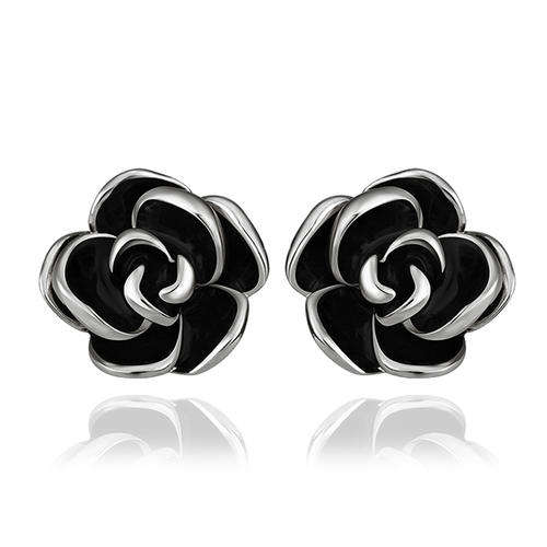 New 18K RGP in white gold, Ladies rose design stud earrings with black detail