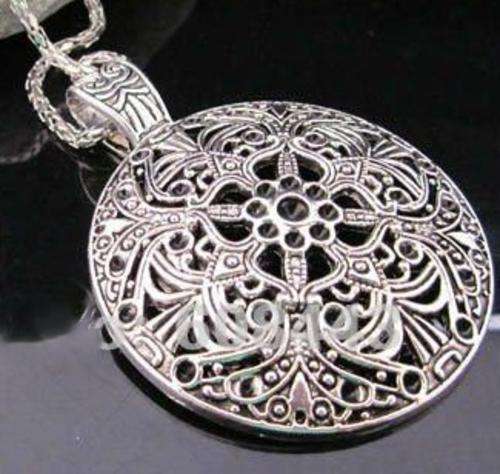 New Ladies chunky Tibetan silver Circle pendant and long chain with intricate filigree detail work
