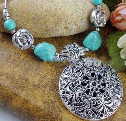 New Ladies Vintage feel Tibetan silver Chunky necklace with turquoise detail and intricate pattern