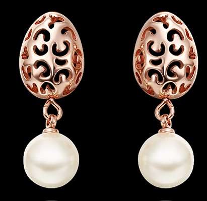 New 18K RGP in rose gold, Ladies filigree style dangle earrings with shell pearl