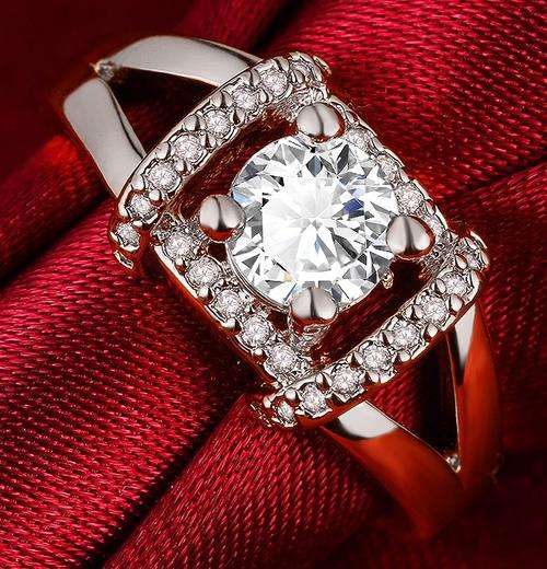 New 24K RGP Ladies engagement style ring with square design and AAA genuine Austrian crystals