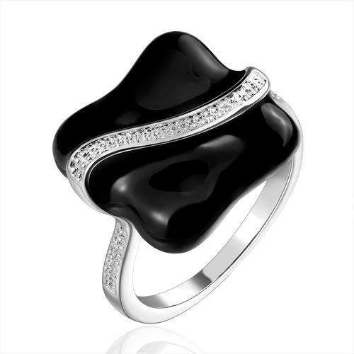 New 925 sterling silver filled wave design ladies ring with black detail