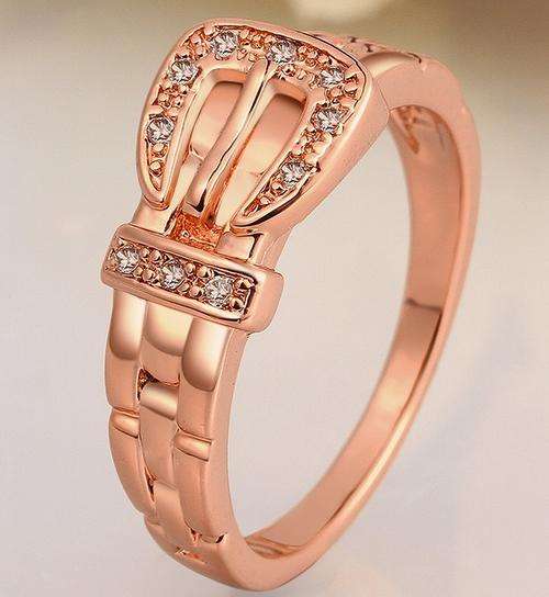 18KRGP in rose gold, Buckle style ring with fine detail and micro inserted AAA genuine crystals