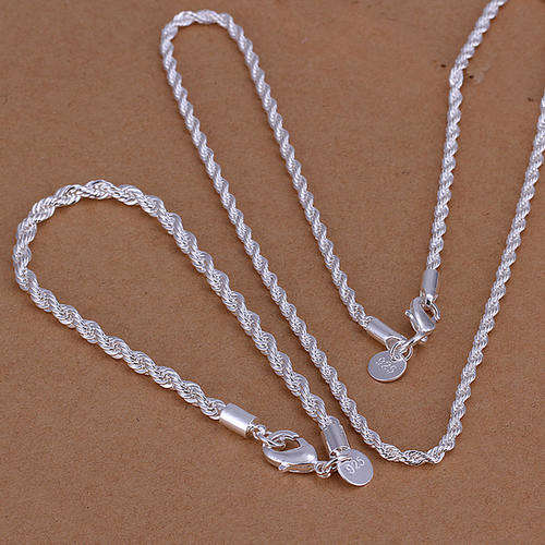 925 Sterling Silver Filled Necklace & Bracelet Set, twist style 3mm