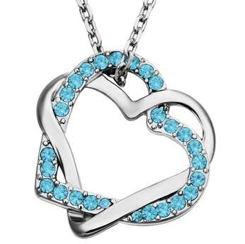 18K RGP in white gold, ladies double linked heart pendant with blue AAA crystals + FREE chain