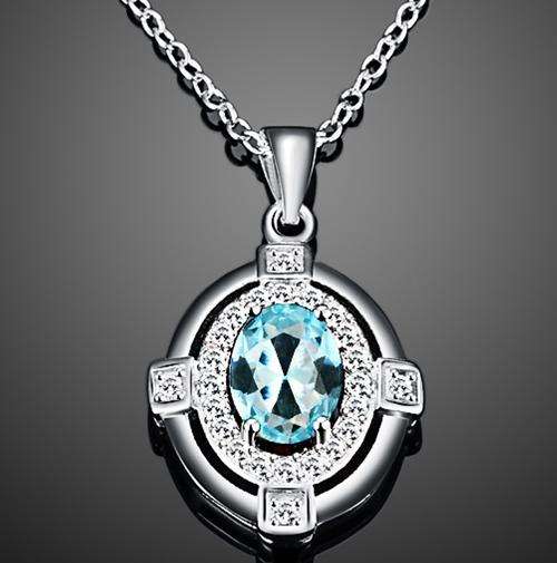 New 925 Sterling silver filled Ladies Pendant with aquamarine color AAA crystal and FREE chain