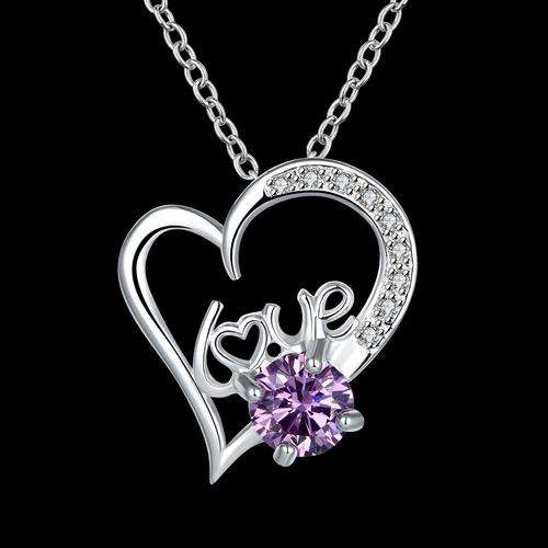 New 925 Sterling silver filled Ladies love pendant with Purple AAA crystal detail and FREE chain