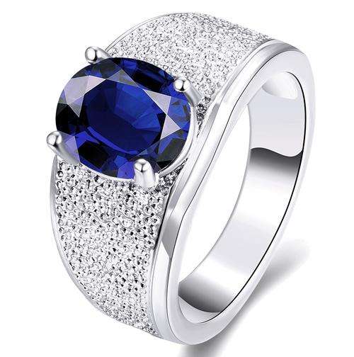 New Chunky dark blue sapphire color Crystal ring with fine detail, platinum plated