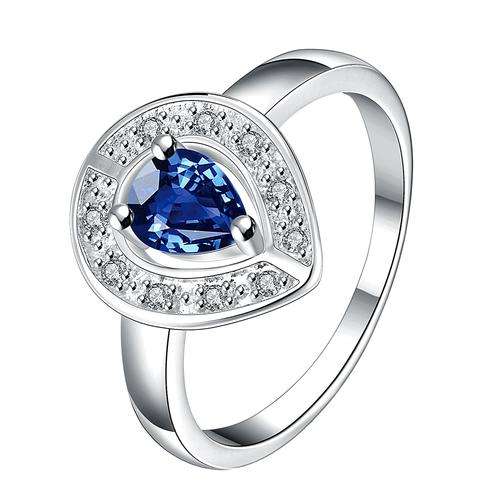New 925 Sterling Silver filled Gorgeous ladies dark blue Genuine crystal ring, pear shaped
