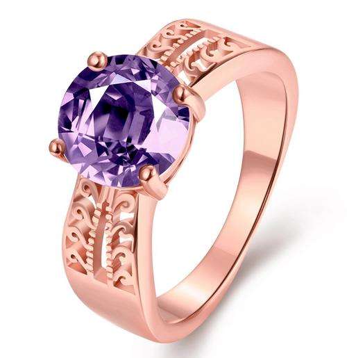 New 18K RGP in rose gold, ladies chunky ring with purple amethyst colored Genuine crystal