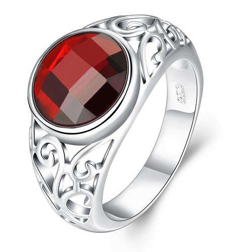 New 925 Sterling Silver filled Chunky ladies ring with large red AAA genuine Crystal