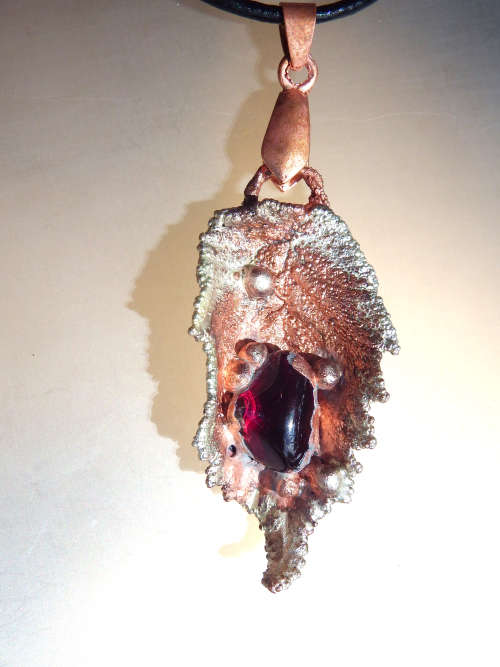 Natures Gifts Jewellery Handmade Copper electroformed pendant with genuine Garnet/leaf