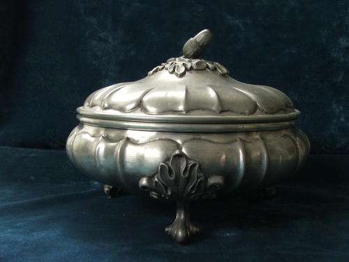 footed pewter bowl with lid