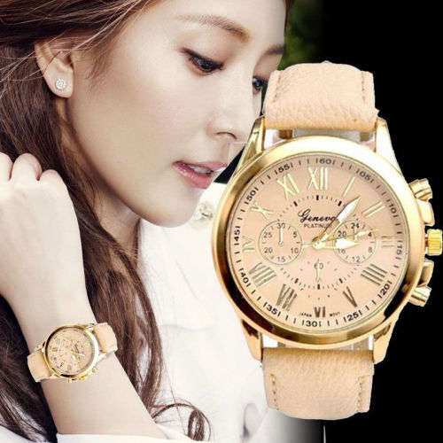 Fashion Women's GENEVA Roman Stainless Steel Leather Analog Quartz Wrist Watch brown