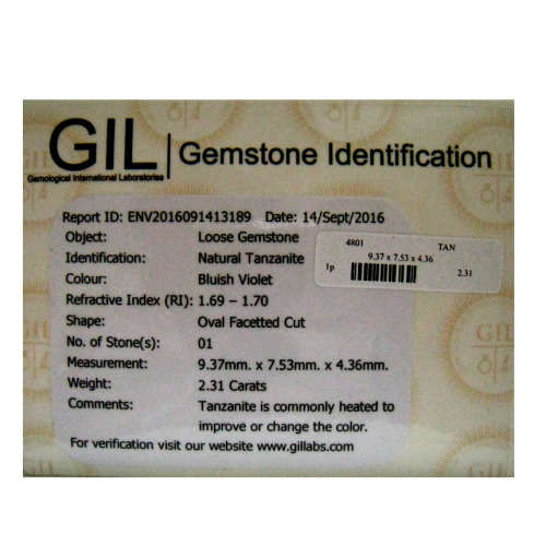 Sought After *TANZANITE* 2.31ct CERTIFIED Oval Shaped VVS Tanzanite GIL CERTIFIED
