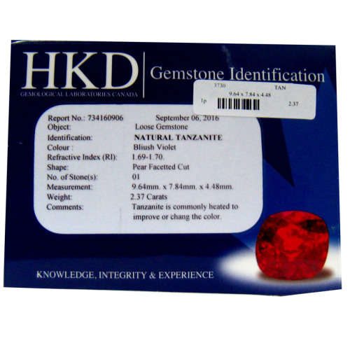 Sought After *TANZANITE* 2.37ct CERTIFIED Pear Shaped VVS Tanzanite HKD CERTIFIED