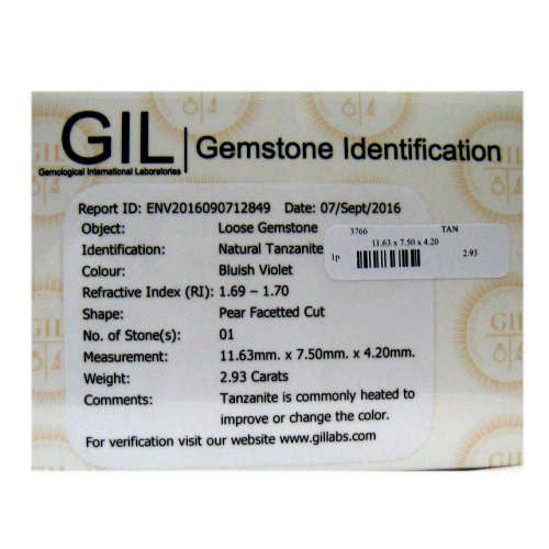 Sought After *TANZANITE* 2.93ct CERTIFIED PEAR Shaped VVS Tanzanite GIL CERTIFIED