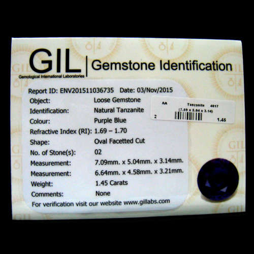 Sought After PAIR *TANZANITE* 1.45tcw CERTIFIED OVAL Shaped VVS Tanzanite GIL CERTIFIED