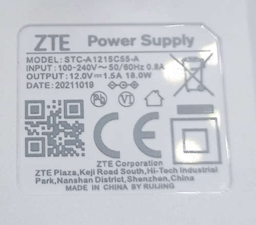 ZTE Router Power Adapter (Original) White
