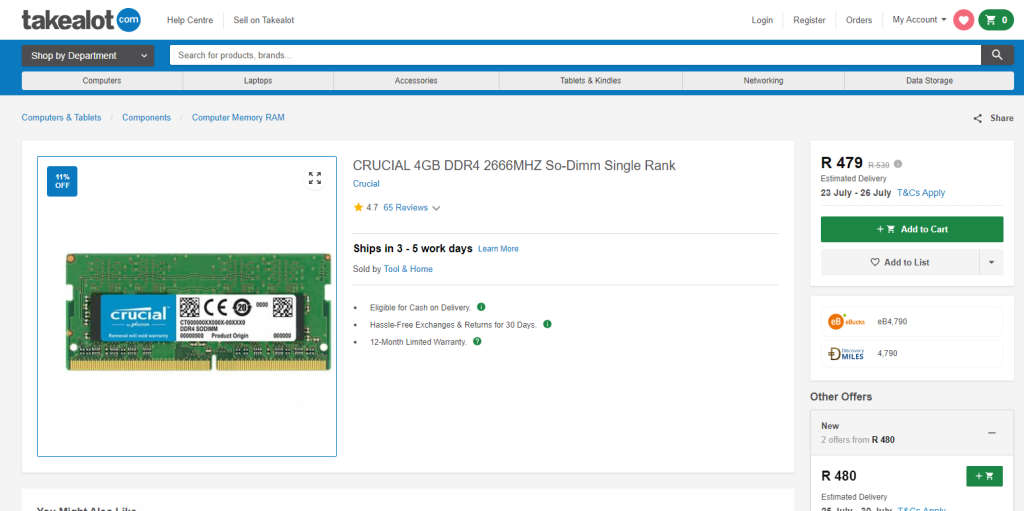 *Brand new and Sealed* Crucial 4gb DDR4 2666mhz Laptop Ram (So-dimm)