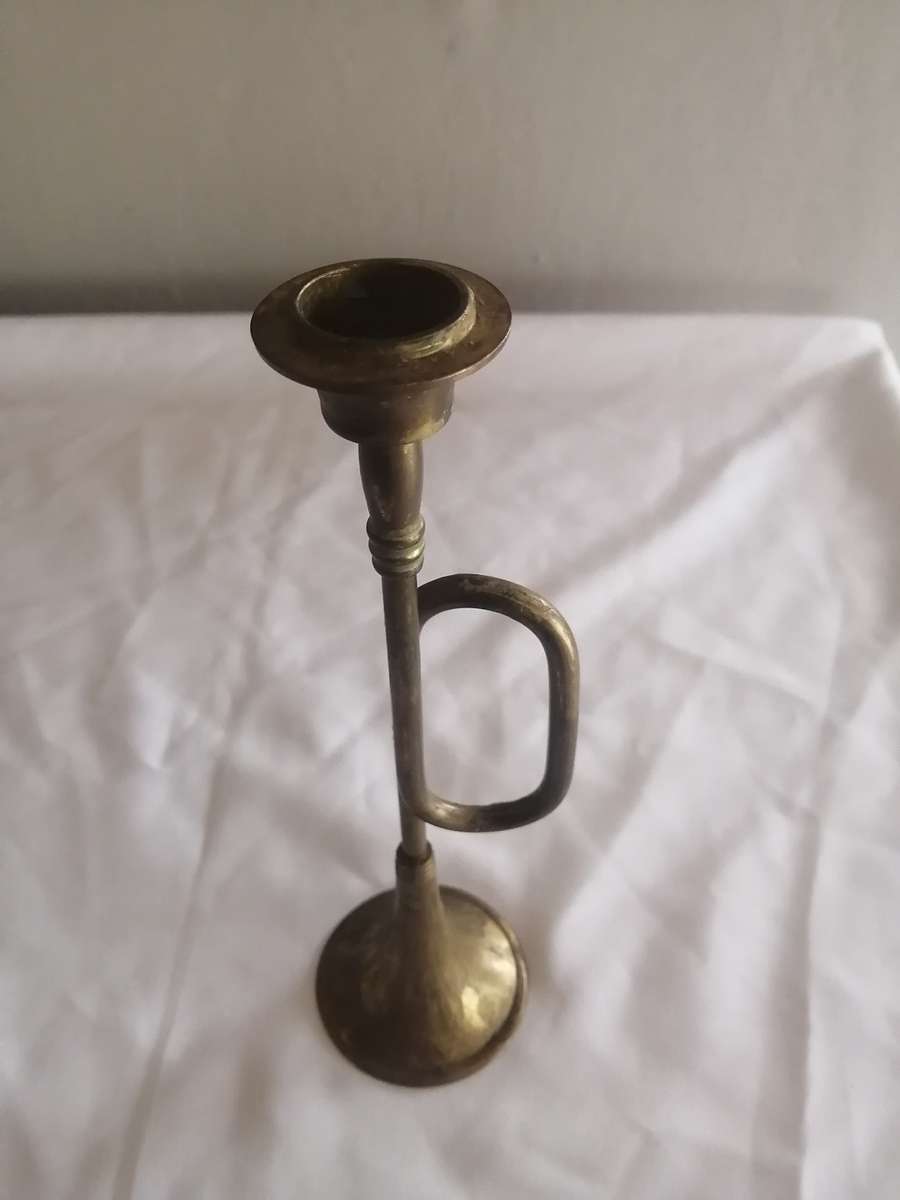 Antique Brass French Horn Candle Holder