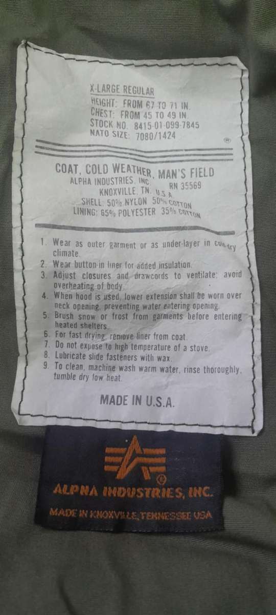 M-65 COAT, COLD WEATHER, MAN'S FIELD US ARMY JACKET