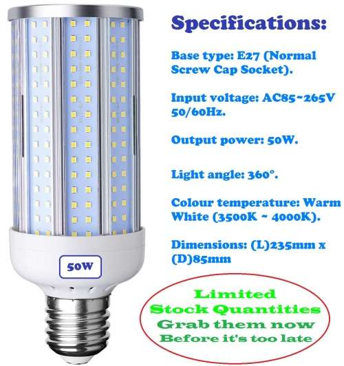 50W LED Corn Light Bulbs Warm White AC85~265V E27 Energy Saver. Collections allowed