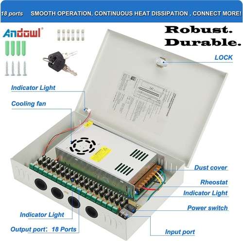Power Supply Box with 18 Port Channels, Fuses, 35A and AC 110-220V to DC 12V. Collections allowed