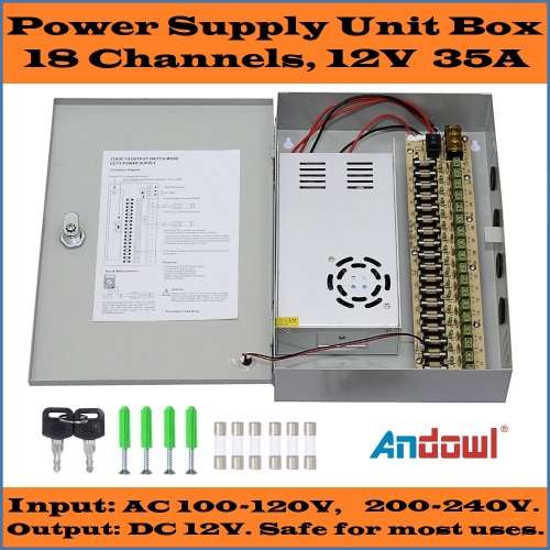 Power Supply Box with 18 Port Channels, Fuses, 35A and AC 110-220V to DC 12V. Collections allowed