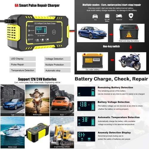 Automatic Battery Charger 12V 6A Smart Pulse Repair LCD Battery Charger. Collections are allowed