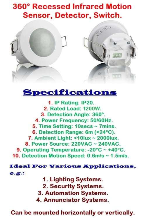 360° Mini Recessed PIR Motion Sensor Detector Switch. Flush Mount AC220~240V. Collections Allowed.