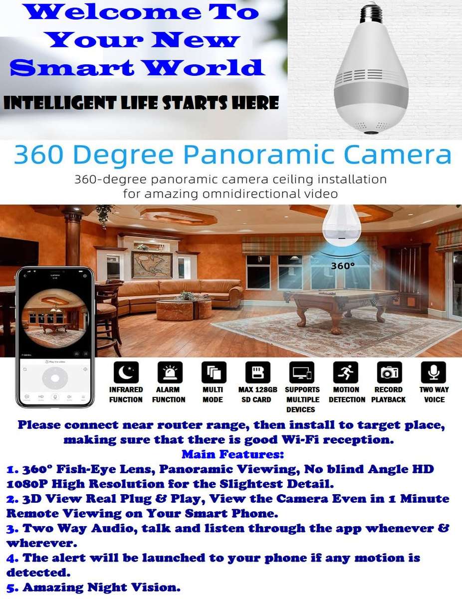 Full HD LED Bulb Mini Spy Camera 360° WiFi with 2Way Audio, Motion Sensor, Night Vision and More.