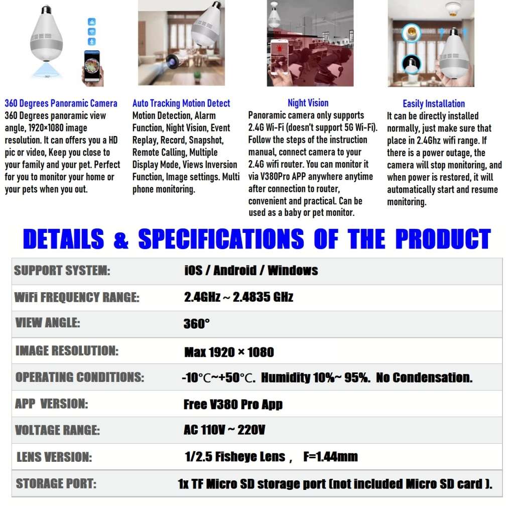 Full HD LED Bulb Mini Spy Camera 360° WiFi with 2Way Audio, Motion Sensor, Night Vision and More.