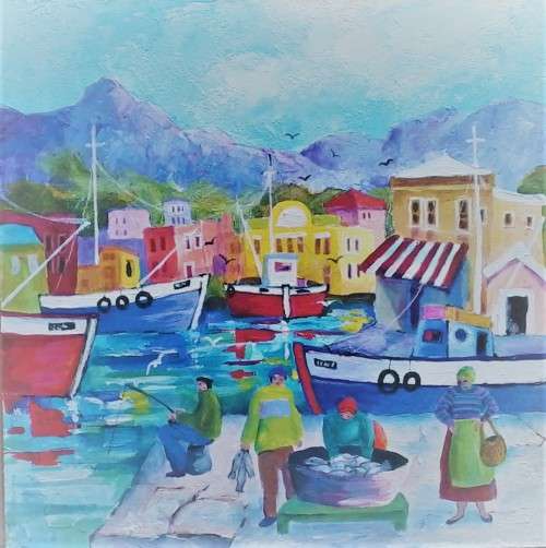 harbour scene with fishing boats