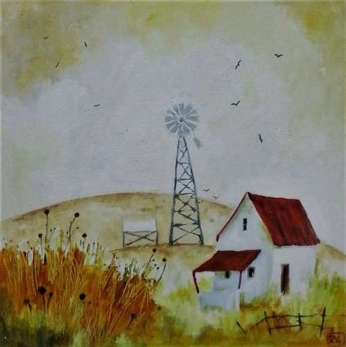 small farmhouse and windmill