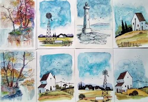 8 limited edition paintings on greeting cards of local scenes