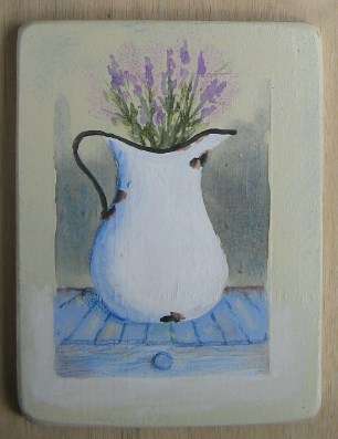 painting on wood - enamel jug with lavender