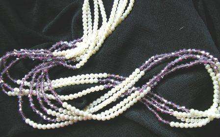 Long multi strand fresh water pearl and crystal necklace